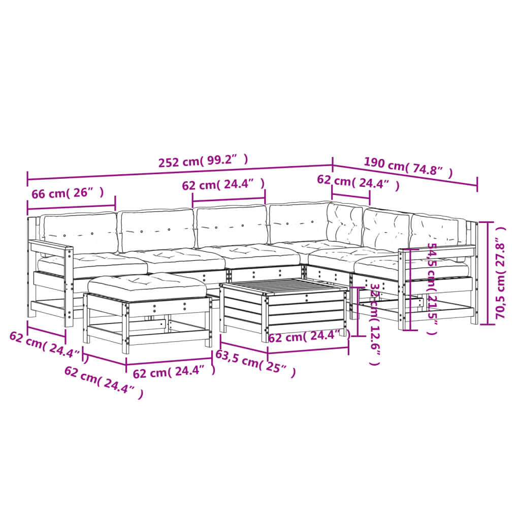 vidaXL 8-delige Loungeset met kussens massief grenenhout