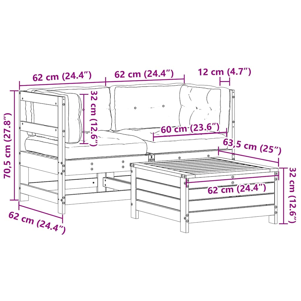 vidaXL 3-delige Loungeset met kussens massief grenenhout