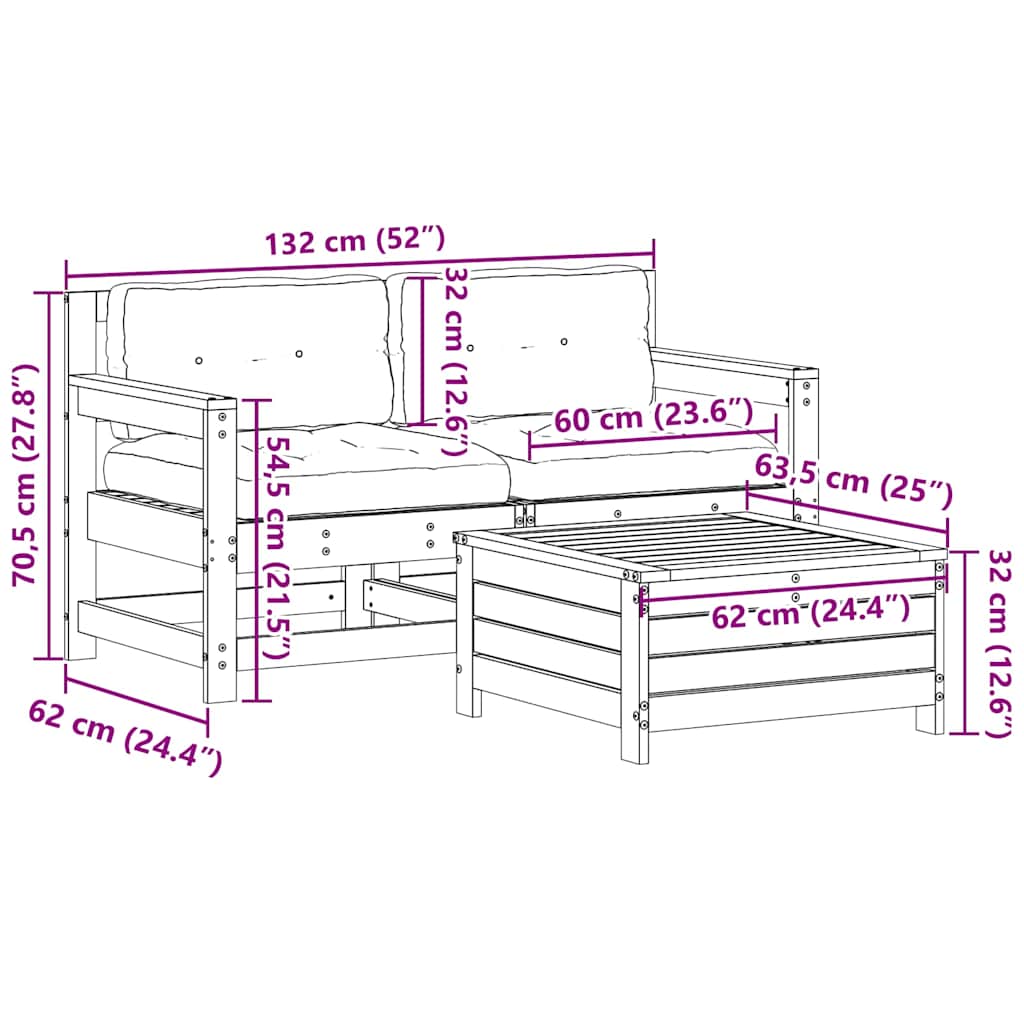vidaXL 3-delige Loungeset met kussens massief grenenhout