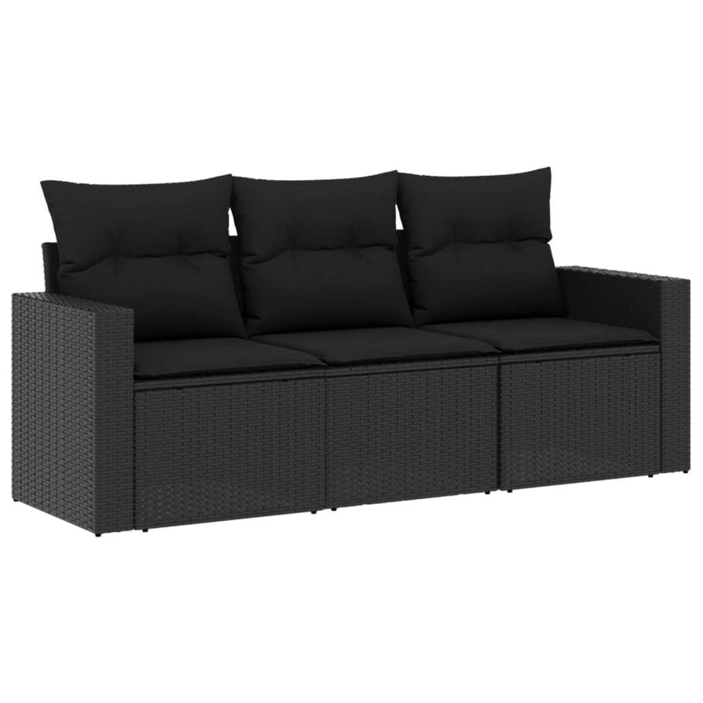 vidaXL 3-delige Loungeset met kussens poly rattan zwart