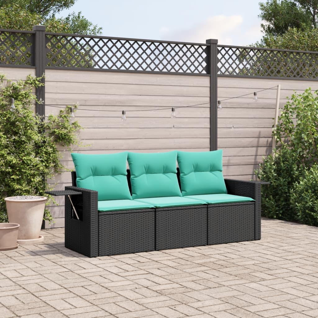 vidaXL 3-Piece Garden Sofa Set with Cushions Black Poly Rattan