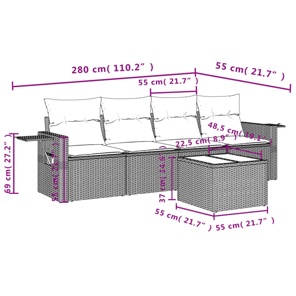 vidaXL 5-delige Loungeset met kussens poly rattan zwart