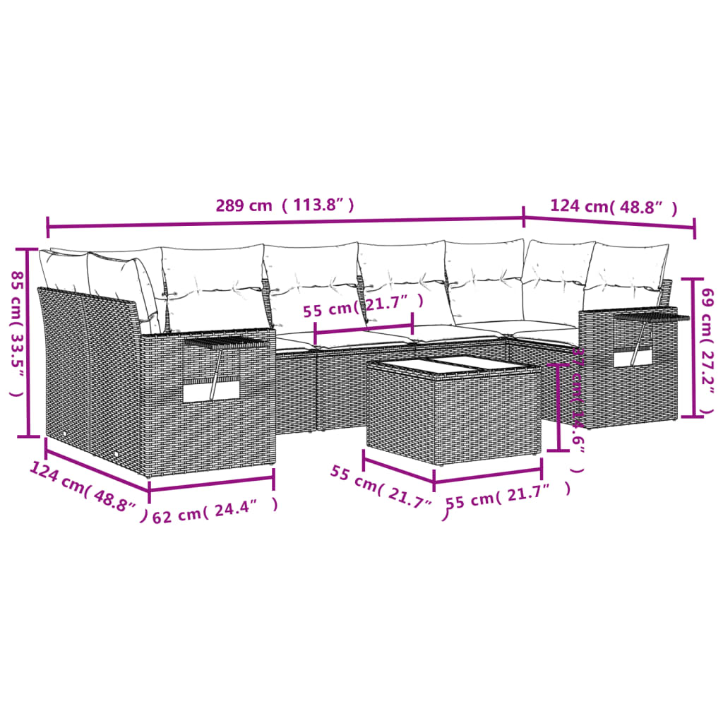 vidaXL 8-delige Loungeset met kussens poly rattan zwart