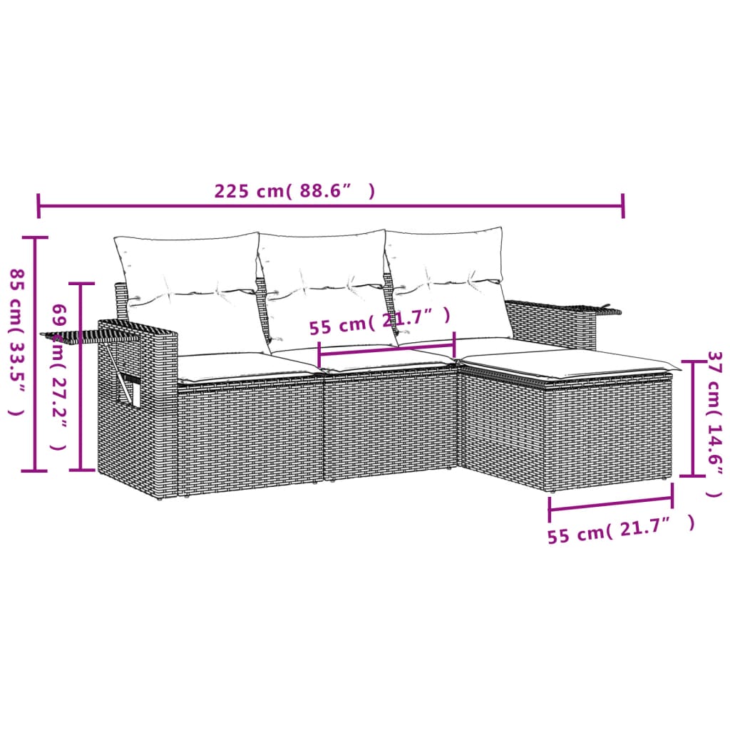 vidaXL 4-delige Loungeset met kussens poly rattan zwart