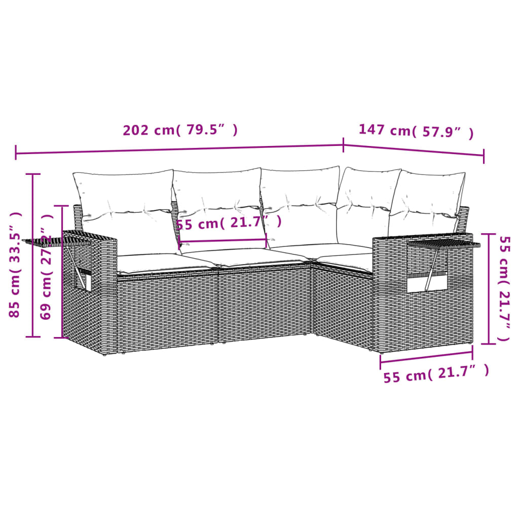vidaXL 4-delige tuinbankset met kussens, zwart polyrotan