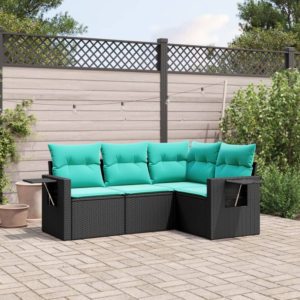 vidaXL 4-delige tuinbankset met kussens, zwart polyrotan