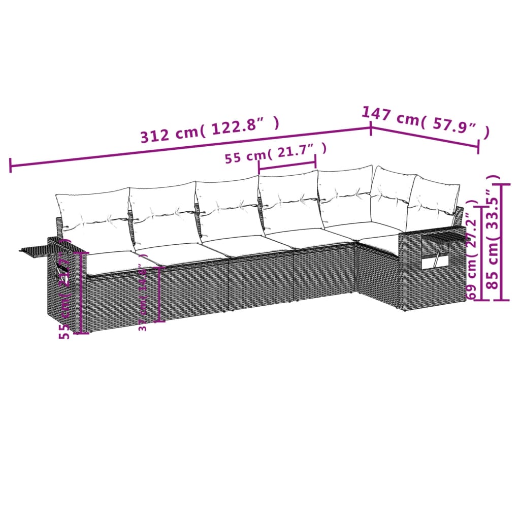 vidaXL 6-delige tuinbankset met kussens van zwart polyrotan