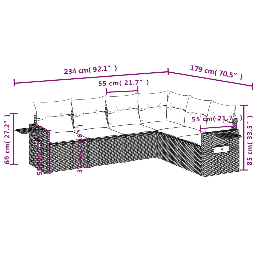 vidaXL 6-delige Loungeset met kussens poly rattan zwart