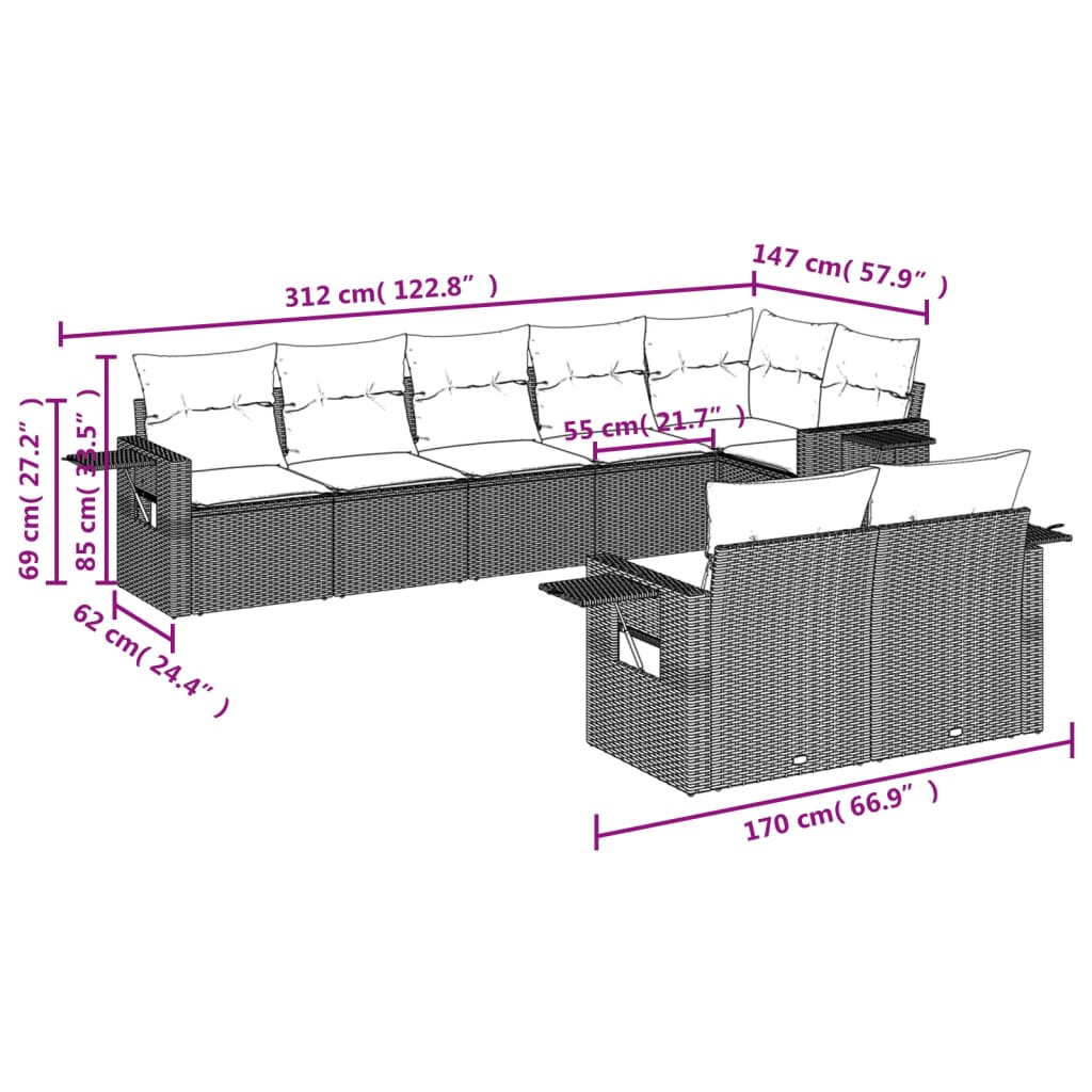 vidaXL 8-piece Garden Sofa Set with Cushions, Black Poly Rattan