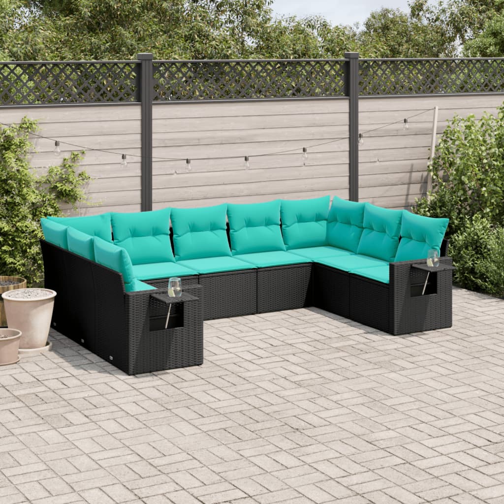 vidaXL 9-delige tuinbankset met kussens van zwart polyrotan