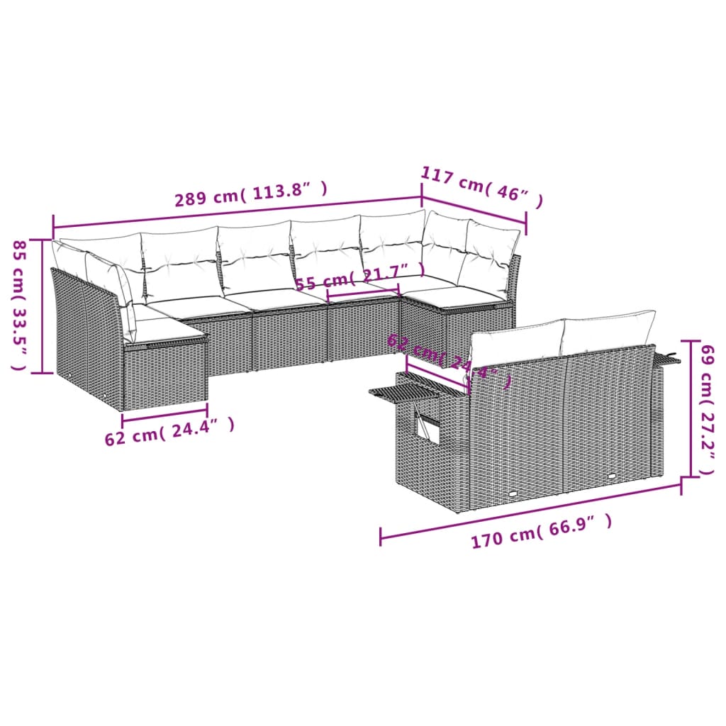 vidaXL 9-delige Loungeset met kussens poly rattan zwart