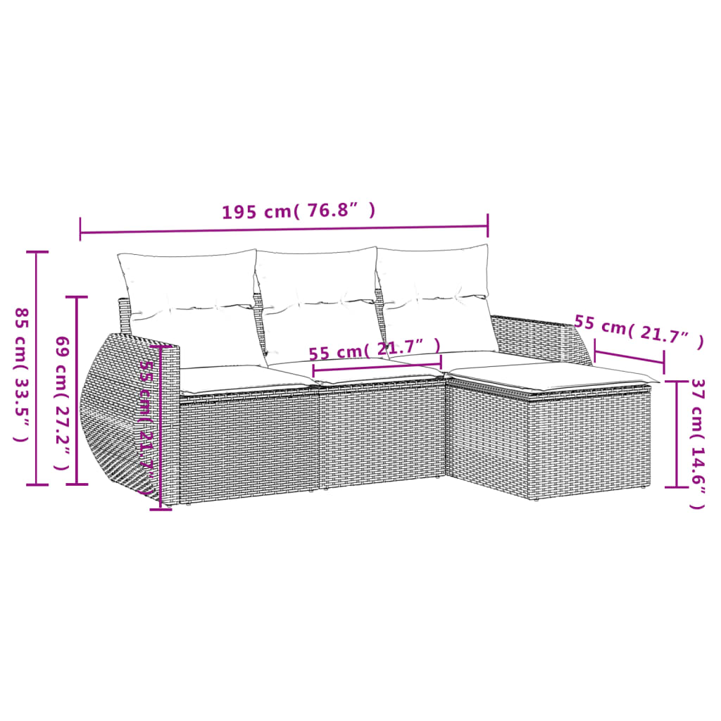 vidaXL 4-delige Loungeset met kussens poly rattan zwart