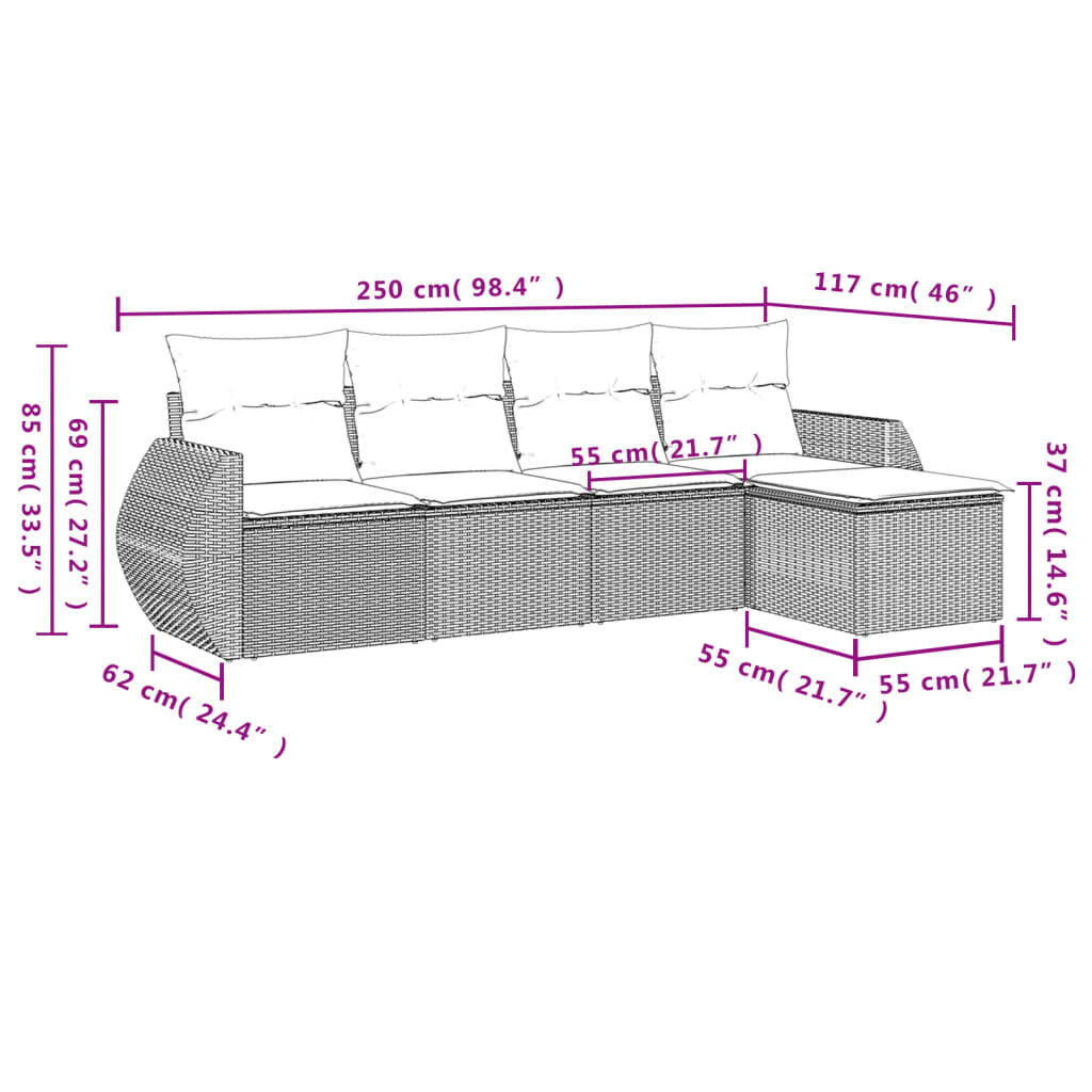 vidaXL 5-delige Loungeset met kussens poly rattan zwart