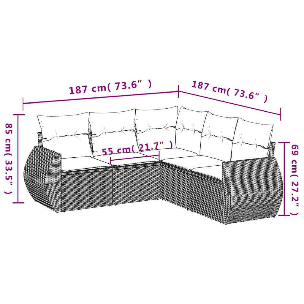 vidaXL 5-delige Loungeset met kussens poly rattan zwart