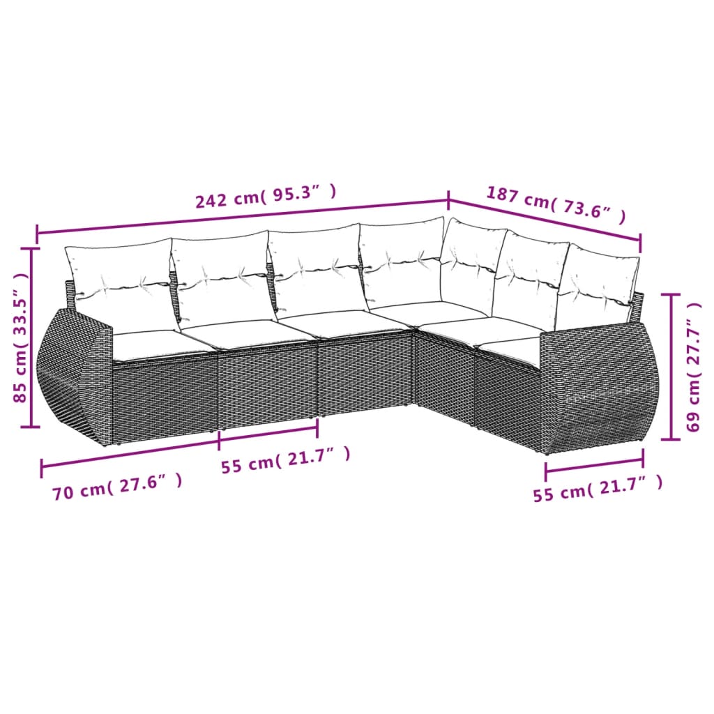 vidaXL 6-delige Loungeset met kussens poly rattan zwart