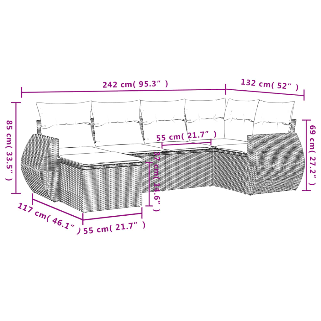 vidaXL 6-delige Loungeset met kussens poly rattan zwart