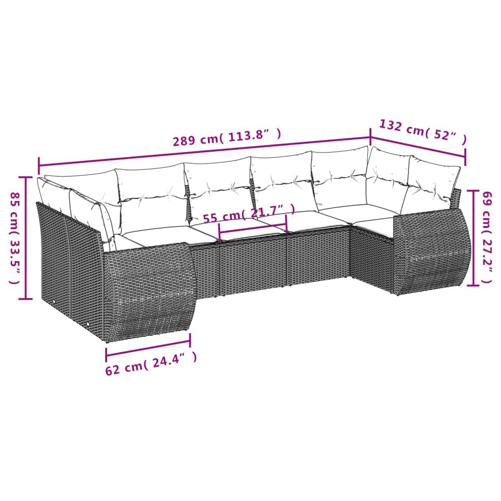 vidaXL 7-delige Loungeset met kussens poly rattan zwart