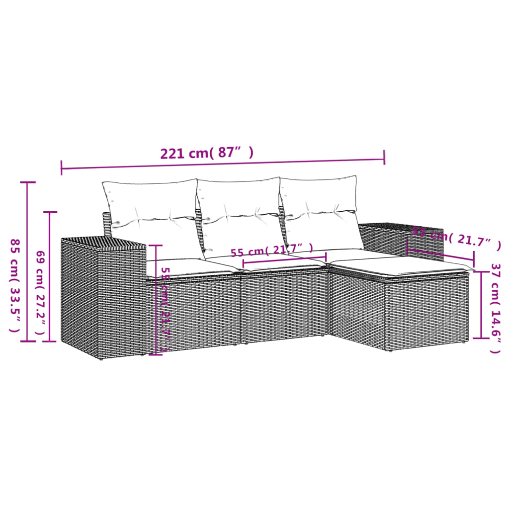 vidaXL 4-delige Loungeset met kussens poly rattan zwart