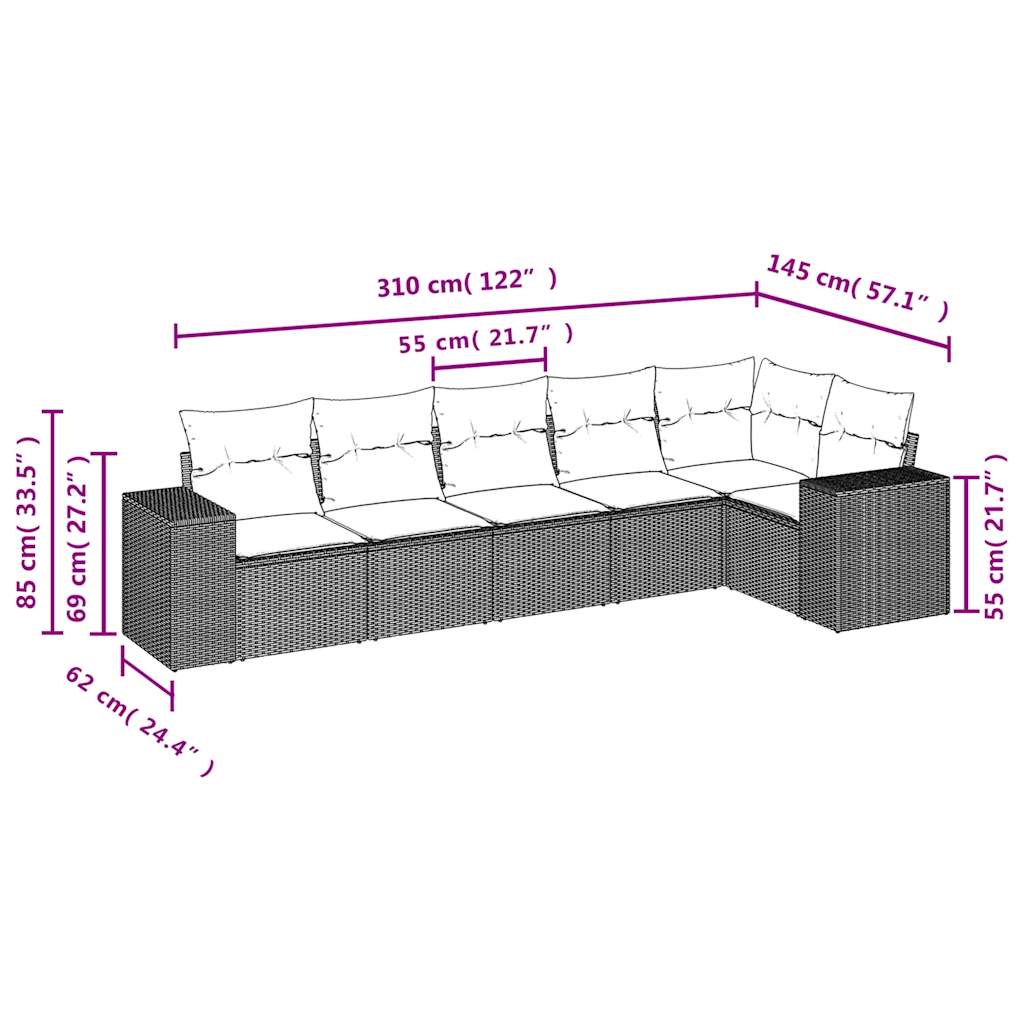 vidaXL 6-Piece Garden Sofa Set with Cushions Black Poly Rattan