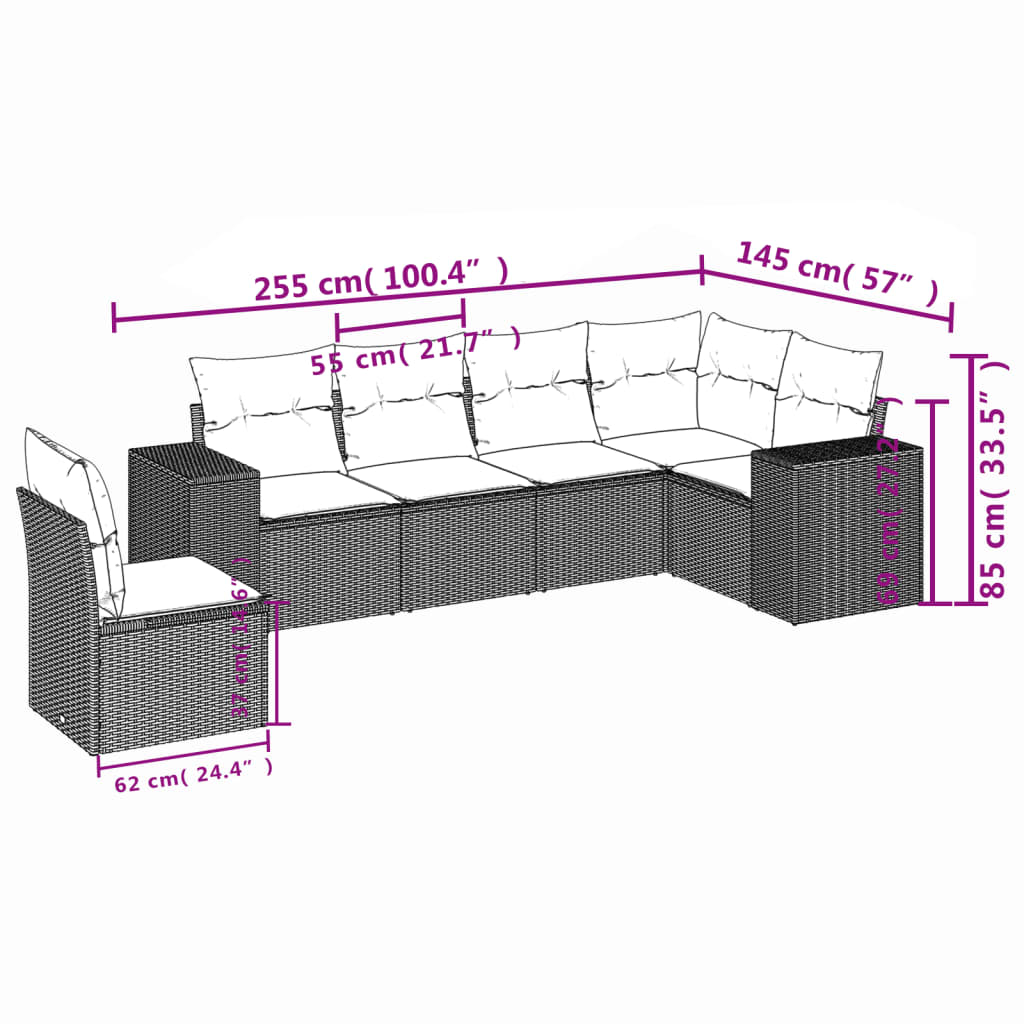 vidaXL 6-delige Loungeset met kussens poly rattan zwart