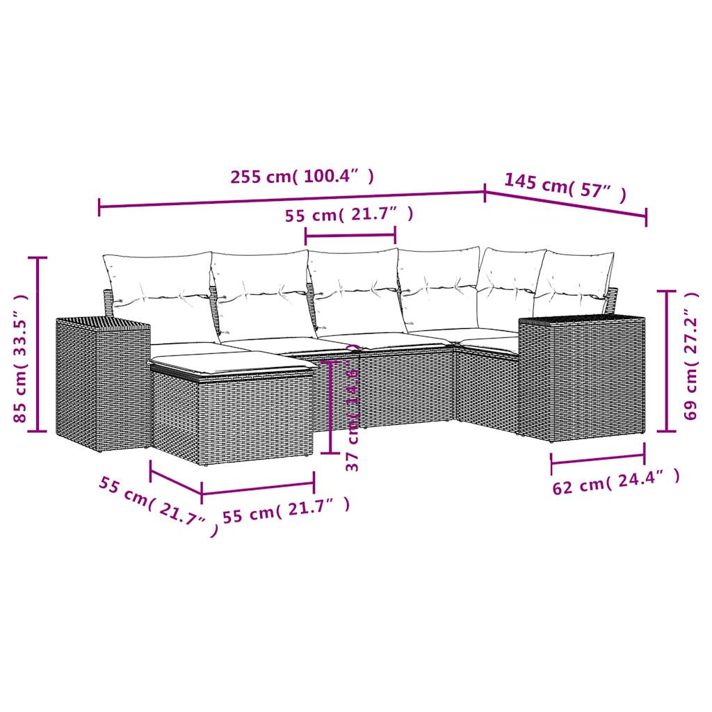 vidaXL 6-delige Loungeset met kussens poly rattan zwart