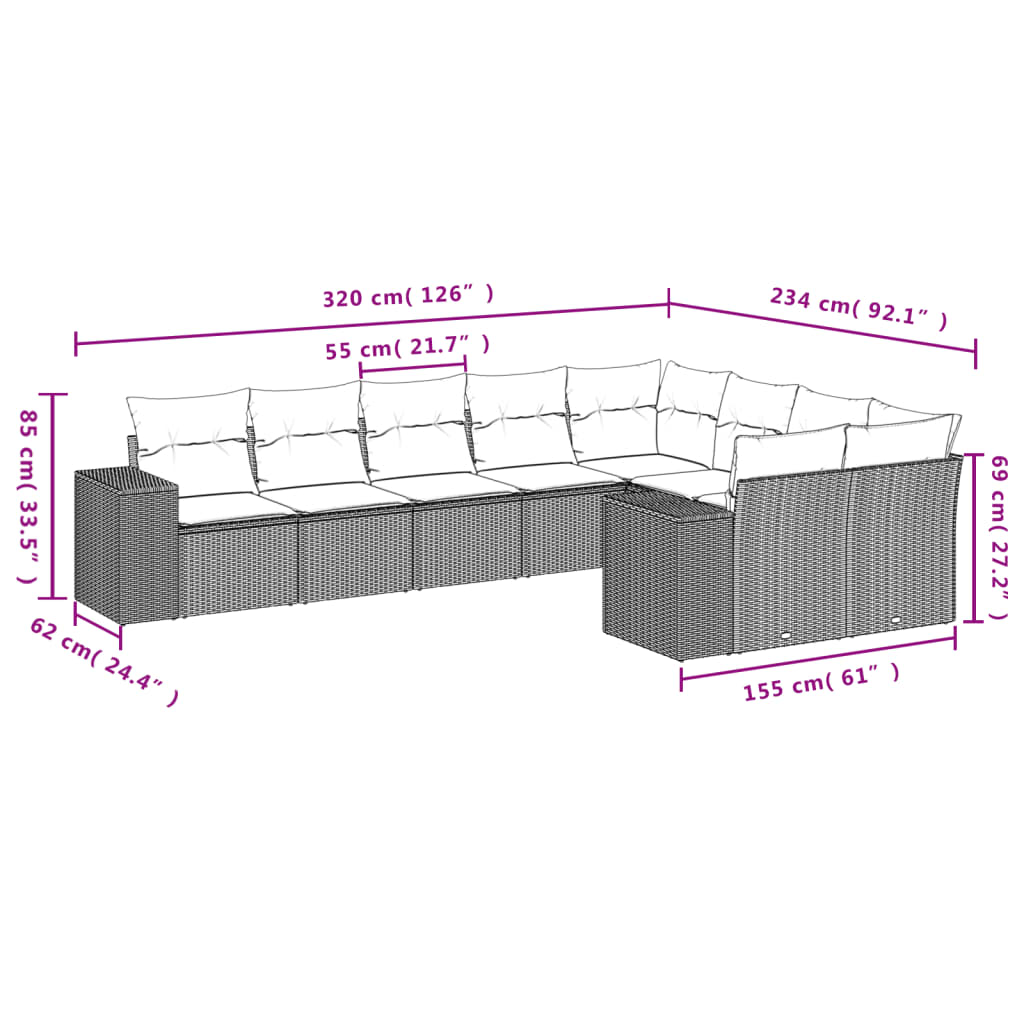 vidaXL 9-delige Loungeset met kussens poly rattan zwart