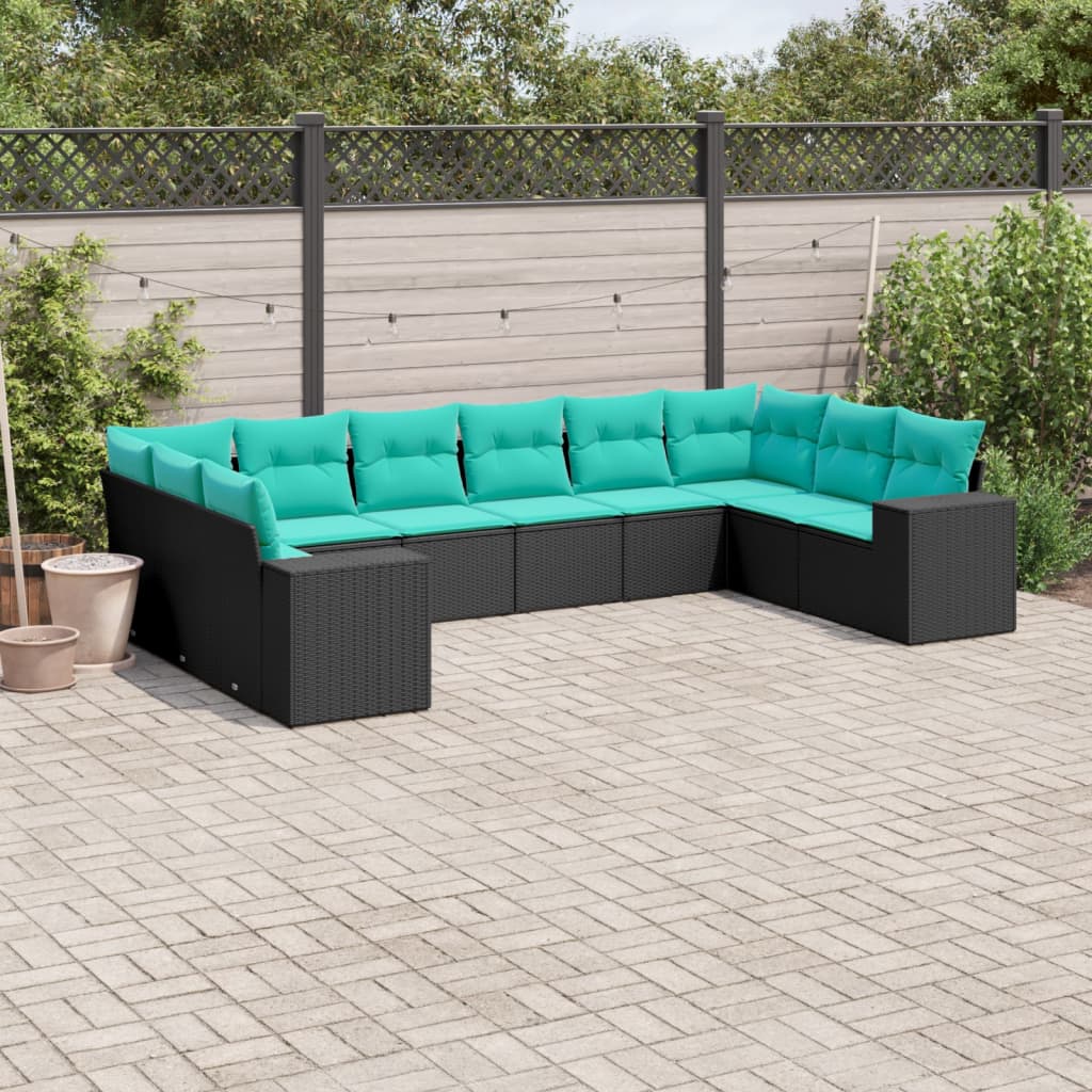 vidaXL 10-delige tuinbankset met kussens van zwart polyrotan