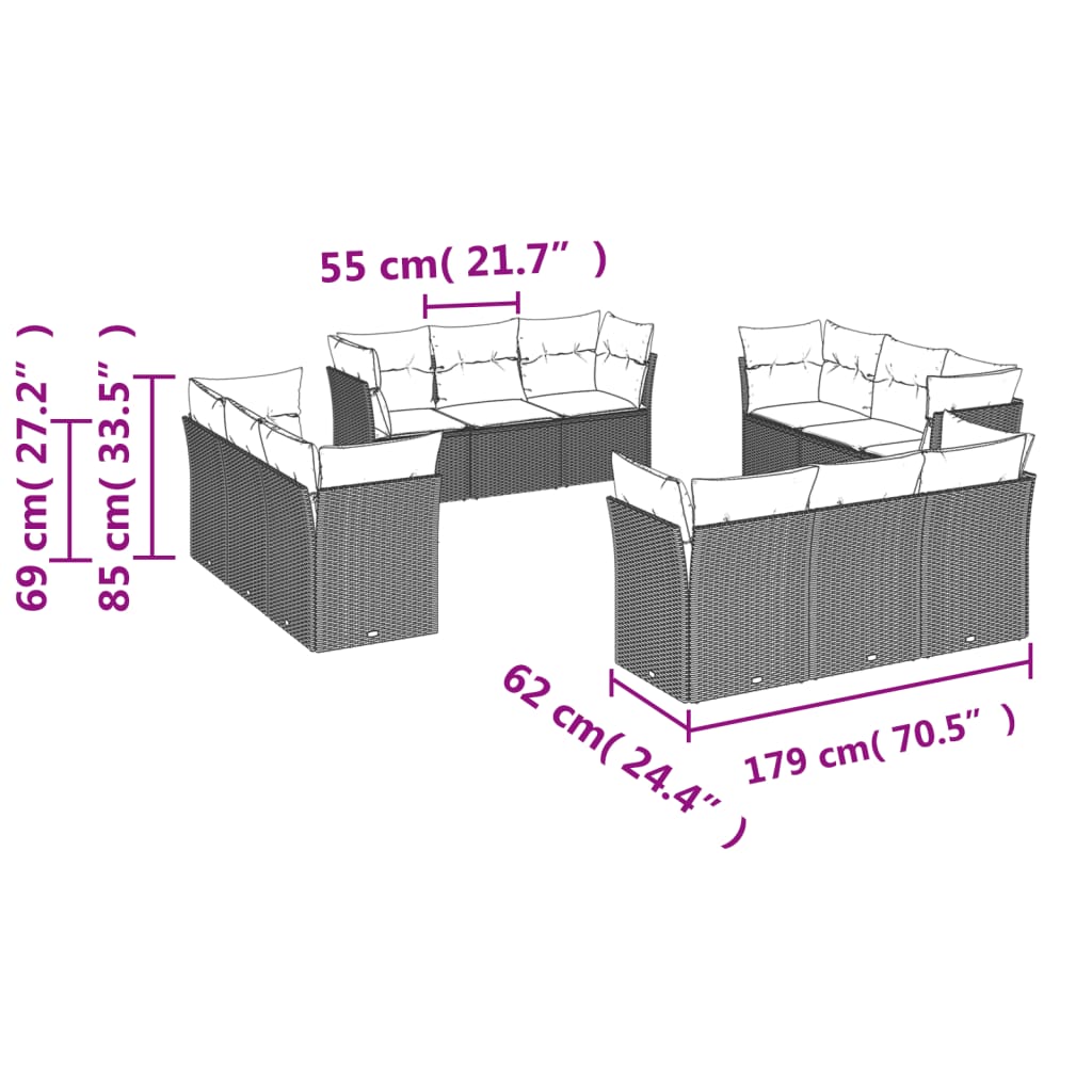 vidaXL 12-delige Loungeset met kussens poly rattan zwart