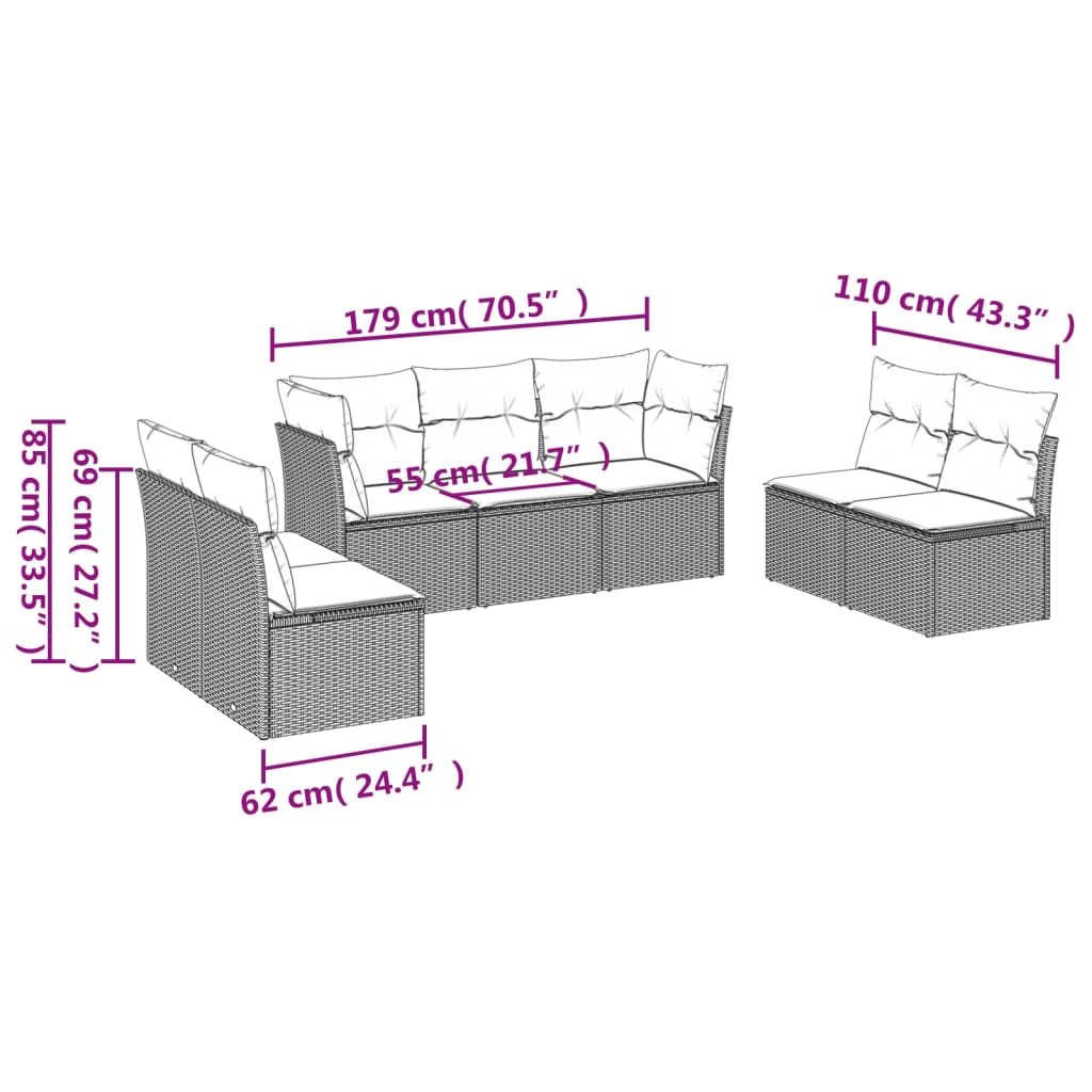 vidaXL 7-delige Loungeset met kussens poly rattan zwart