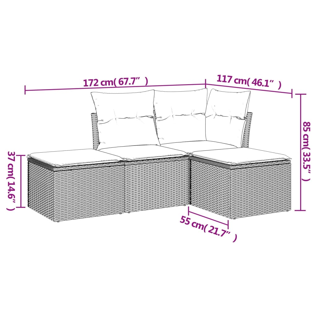 vidaXL 4-delige Loungeset met kussens poly rattan zwart