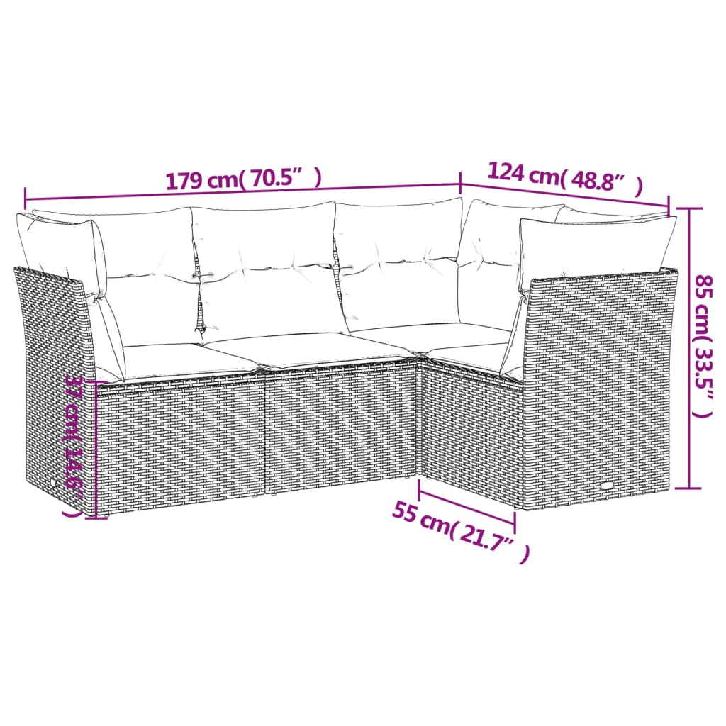 vidaXL 4-delige Loungeset met kussens poly rattan zwart