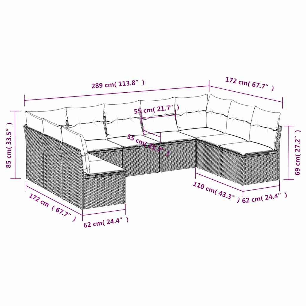 vidaXL 9-delige tuinbankset met kussens van zwart polyrotan