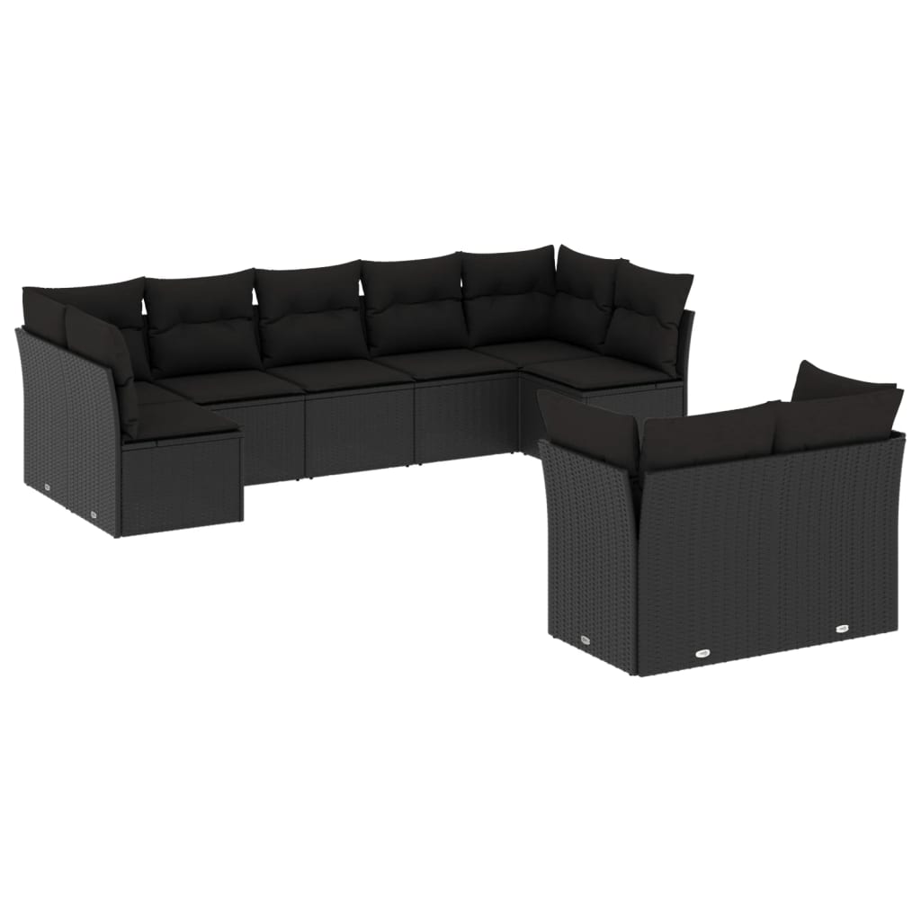 vidaXL 9-delige Loungeset met kussens poly rattan zwart