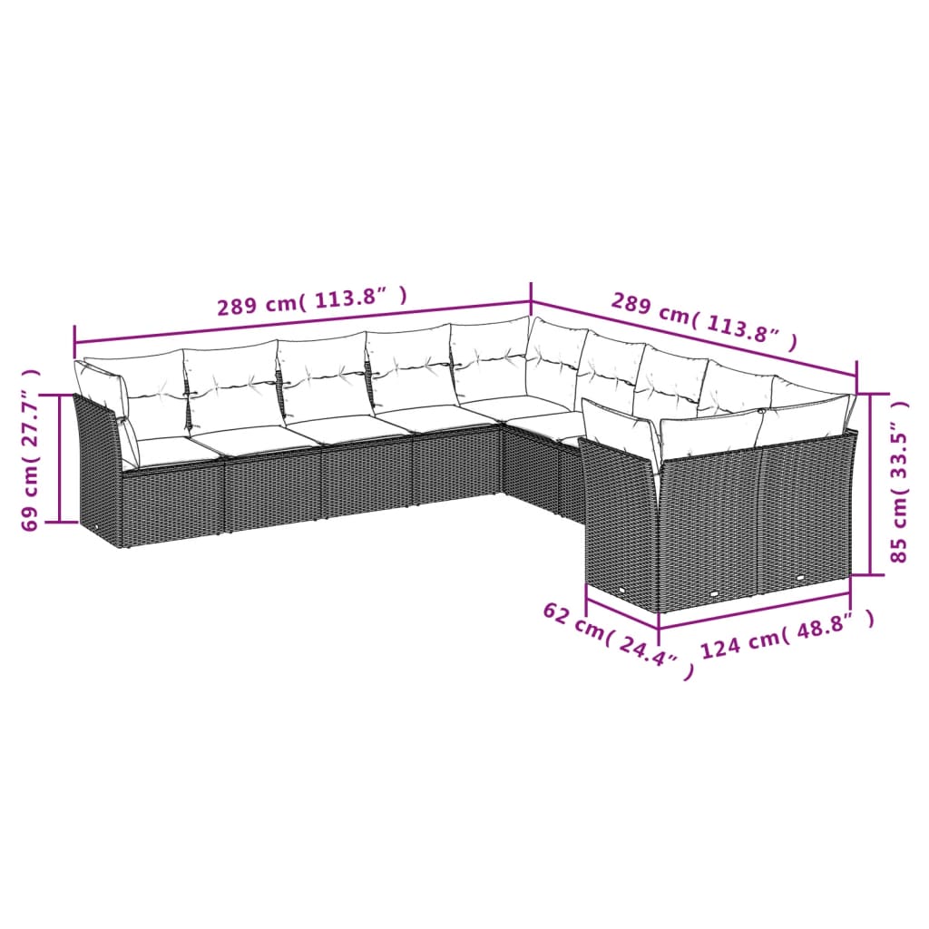 vidaXL 10-delige Loungeset met kussens poly rattan zwart