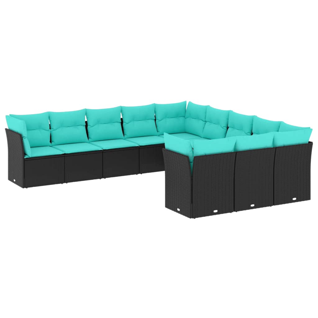 vidaXL 11-delige tuinbankset met kussens, zwart polyrotan