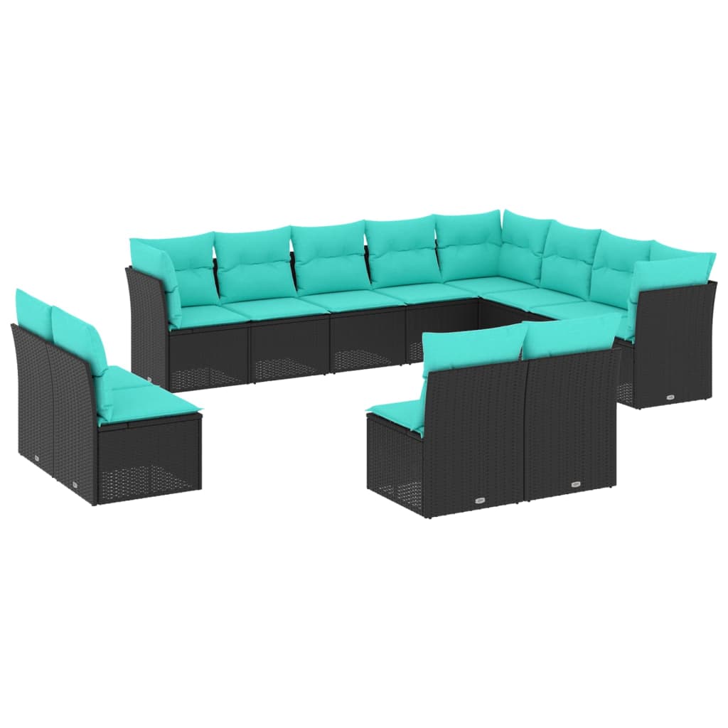 vidaXL 12-Piece Garden Sofa Set with Cushions Black Poly Rattan