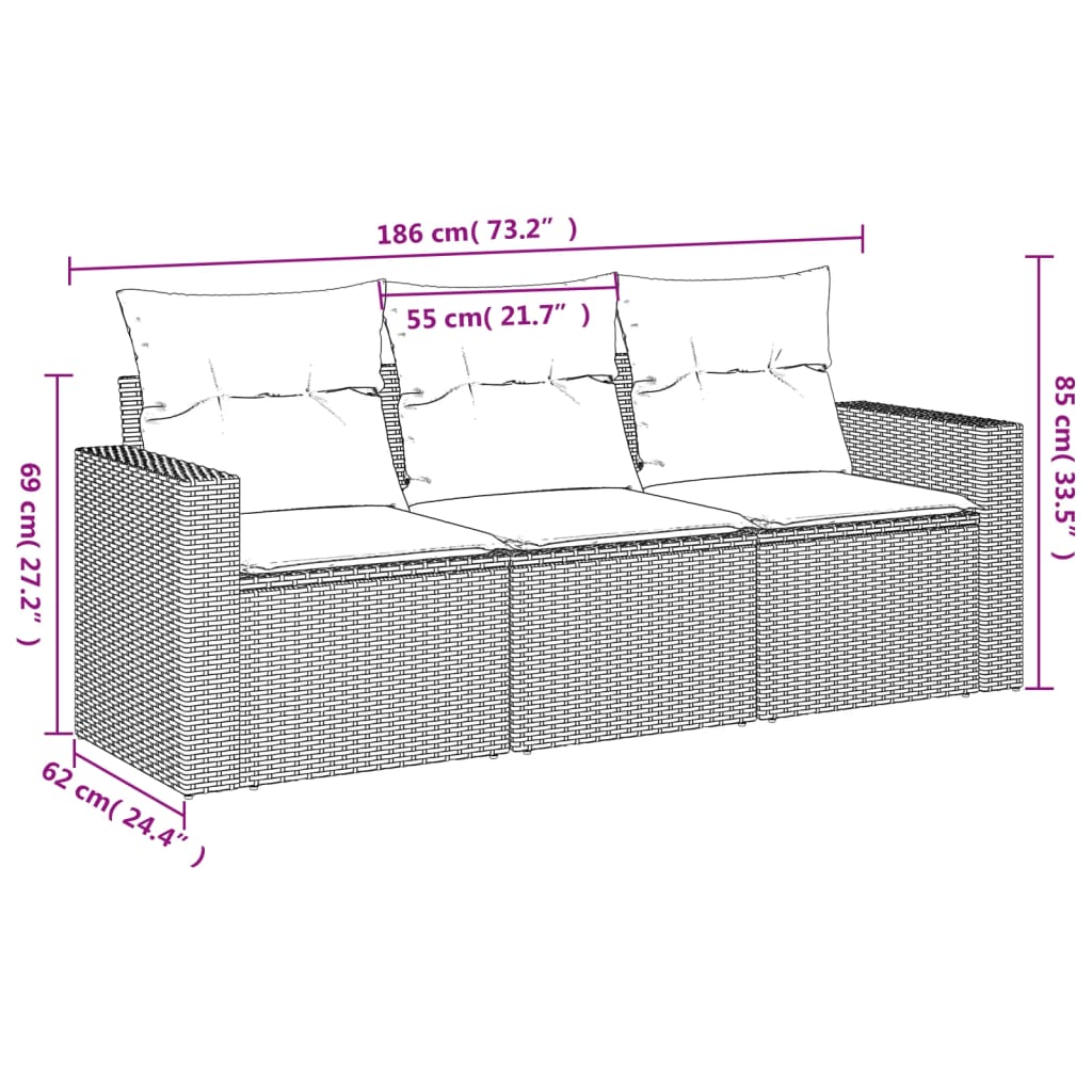 vidaXL 3-delige Loungeset met kussens poly rattan zwart
