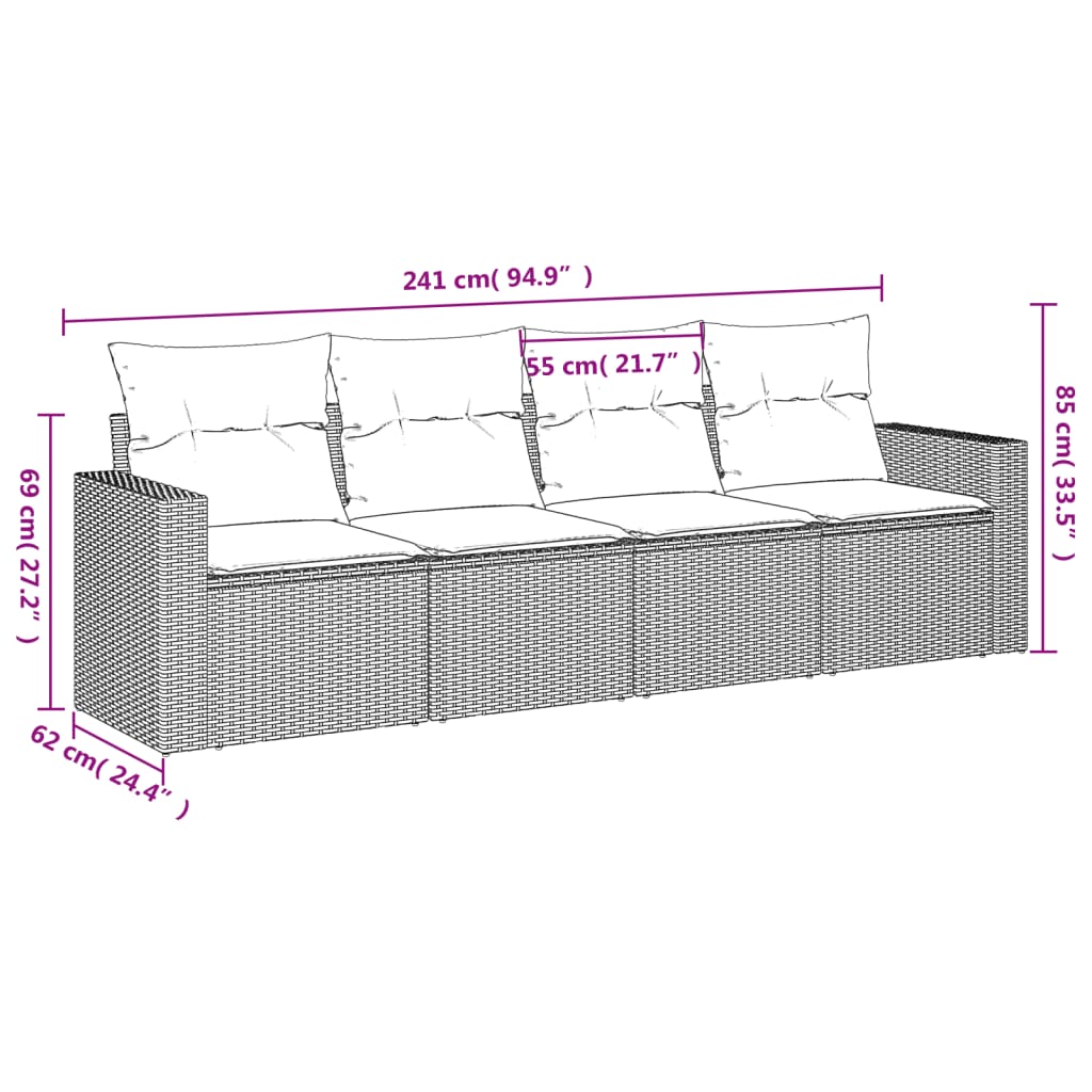vidaXL 4-delige Loungeset met kussens poly rattan zwart