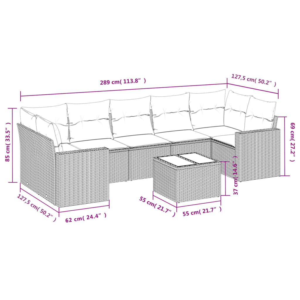 vidaXL 8-delige Loungeset met kussens poly rattan zwart