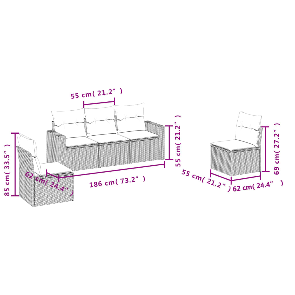 vidaXL 5-delige Loungeset met kussens poly rattan zwart