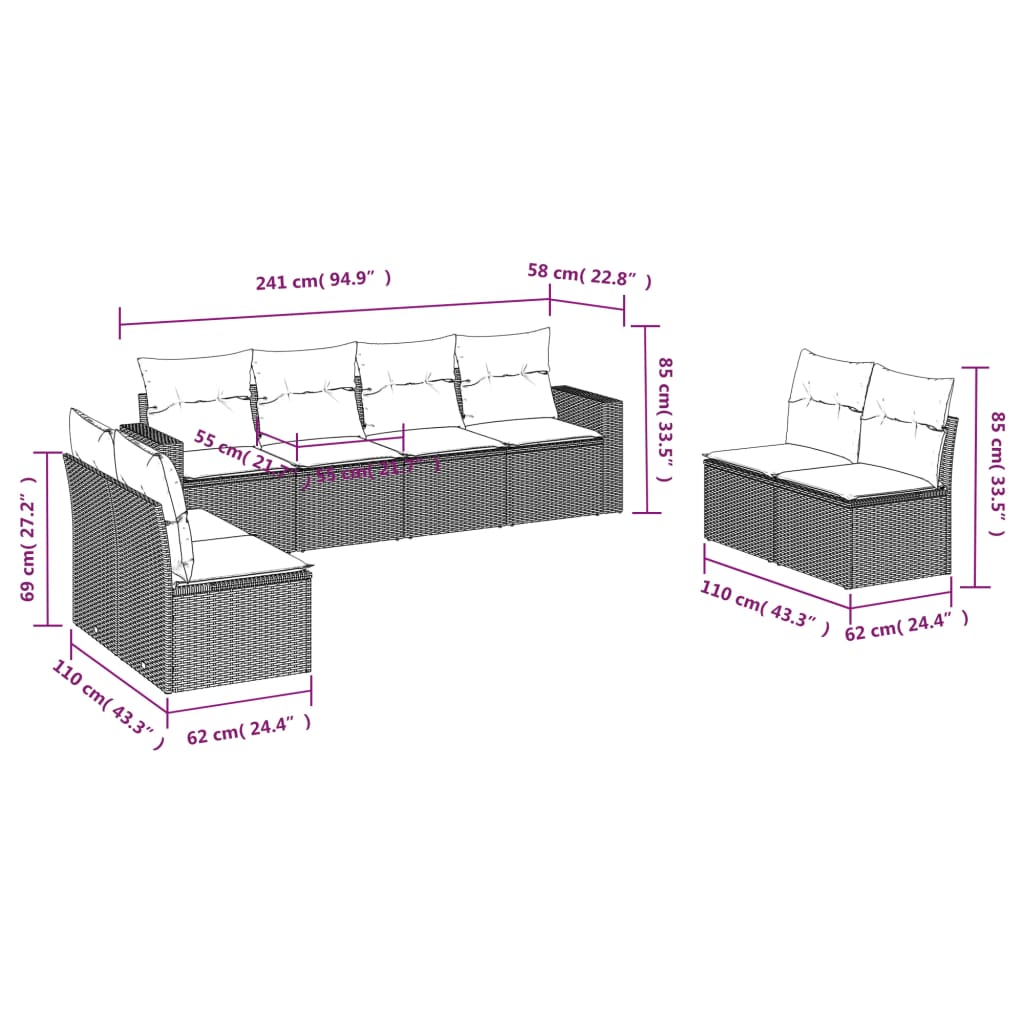 vidaXL 8-delige Loungeset met kussens poly rattan zwart