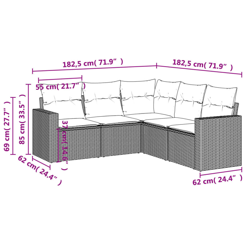 vidaXL 5-delige Loungeset met kussens poly rattan zwart