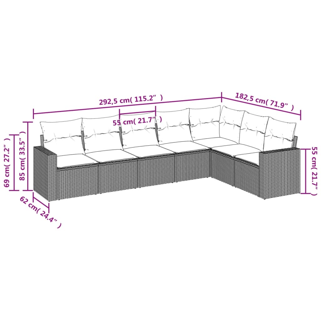 vidaXL 7-delige Loungeset met kussens poly rattan zwart