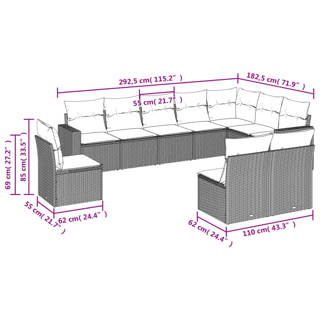 vidaXL 10-delige Loungeset met kussens poly rattan zwart