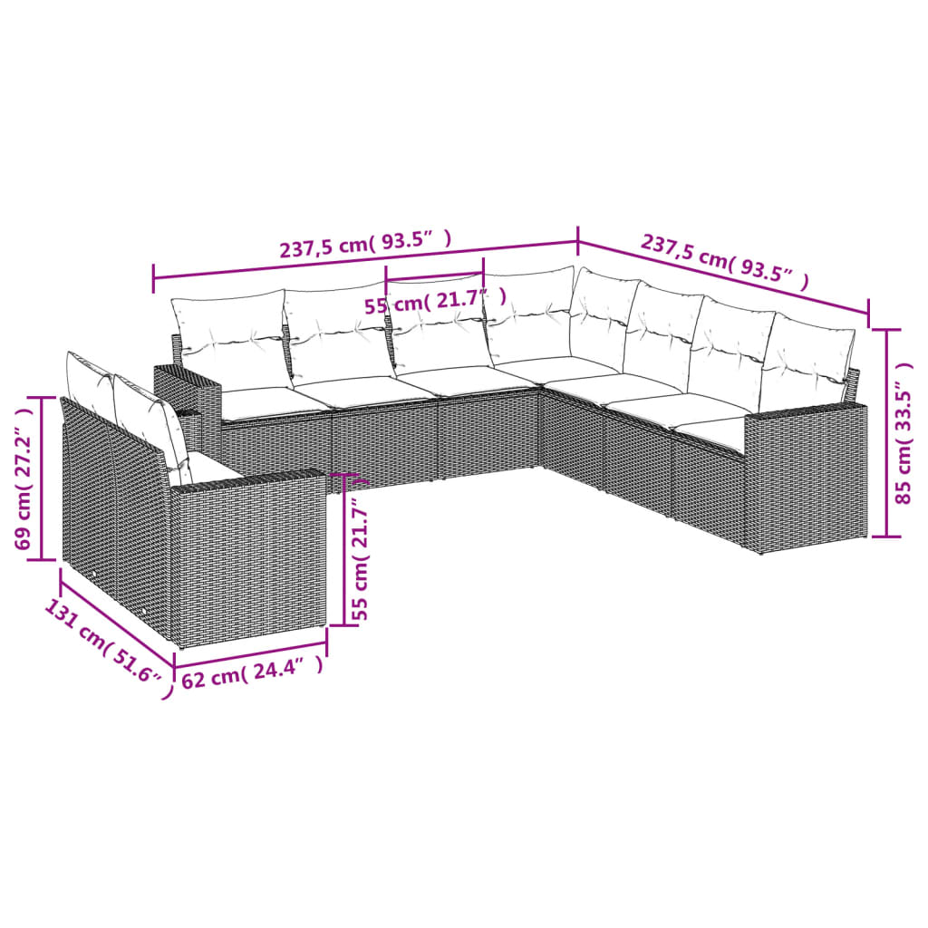 vidaXL 9-delige Loungeset met kussens poly rattan zwart