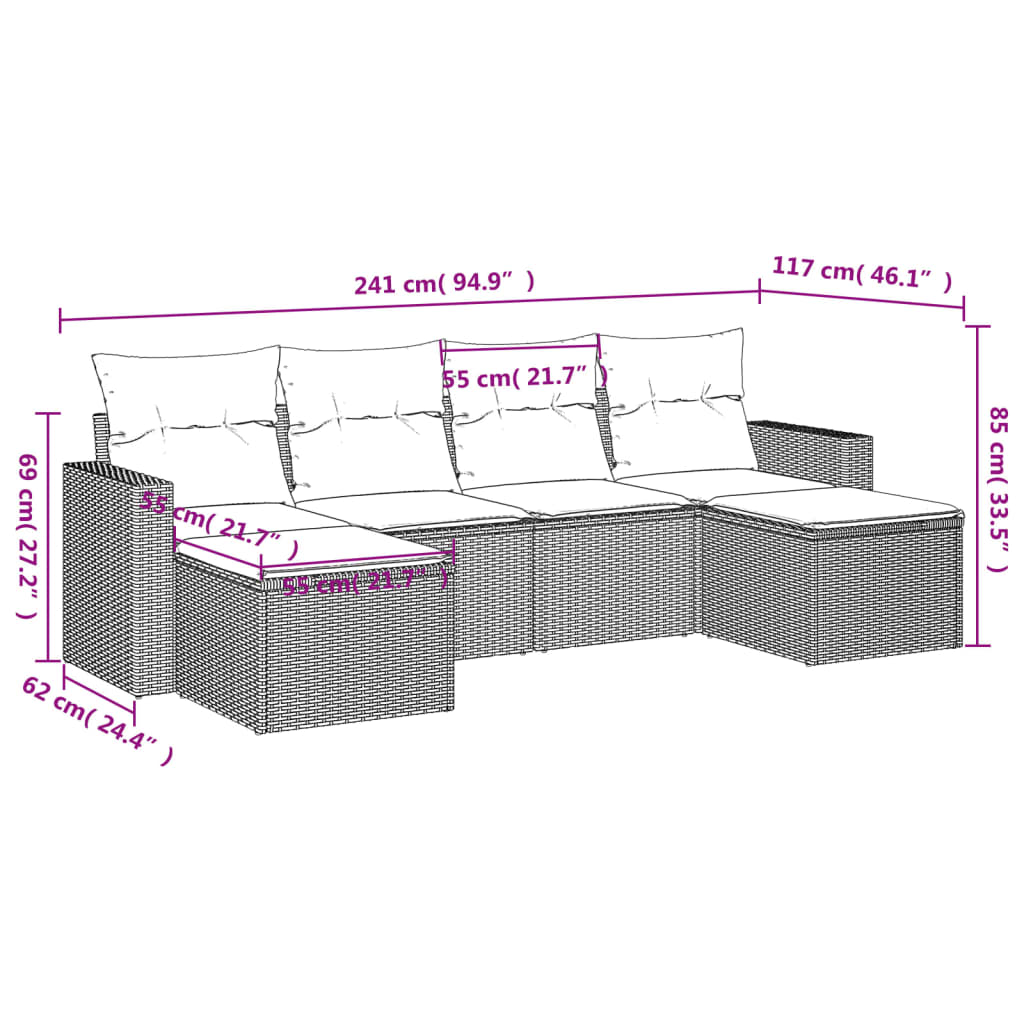 vidaXL 6-delige Loungeset met kussens poly rattan zwart