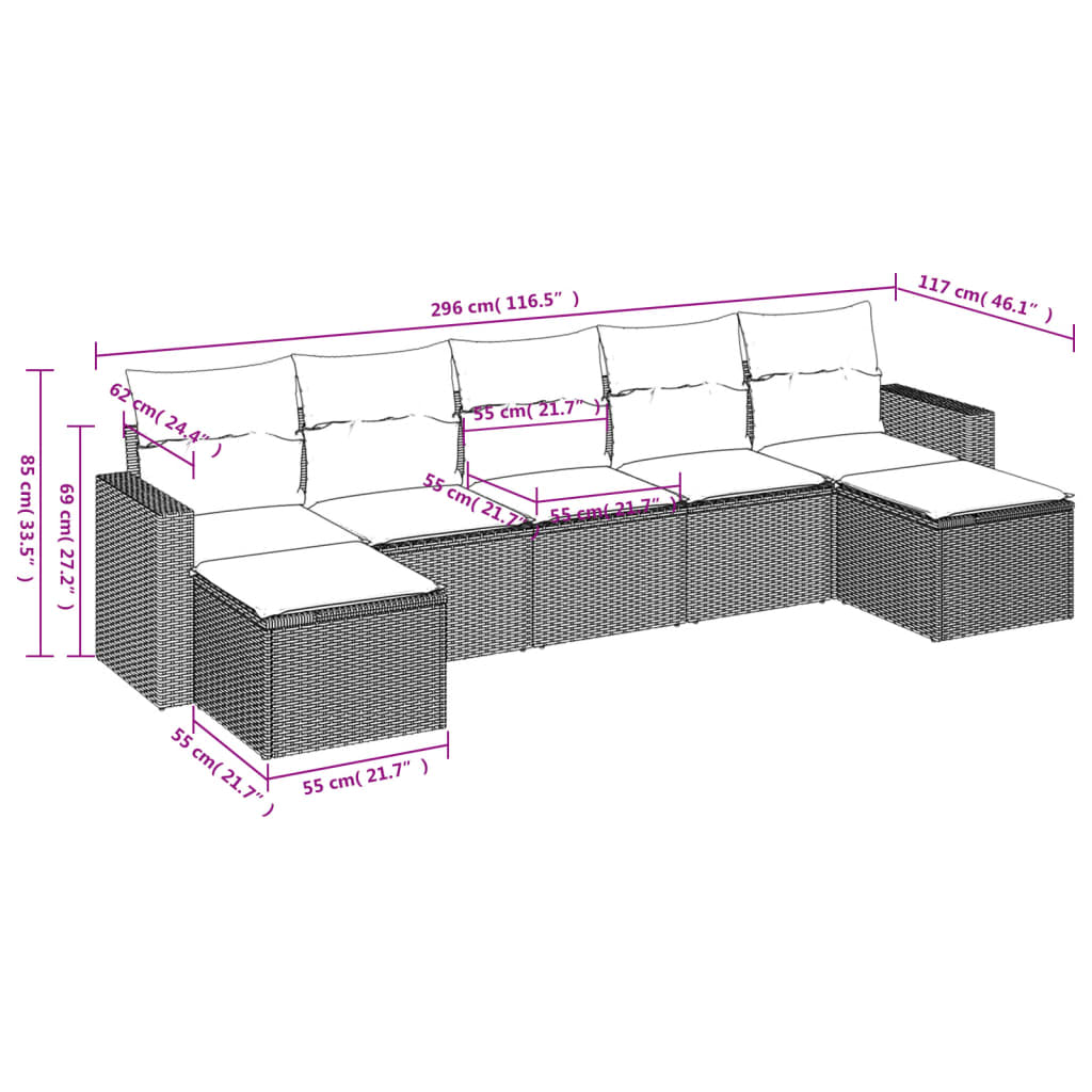 vidaXL 7-delige Loungeset met kussens poly rattan zwart