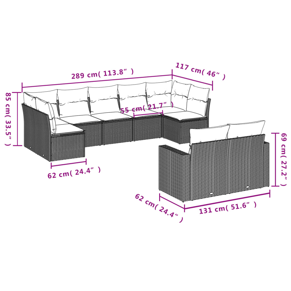 vidaXL 9-delige Loungeset met kussens poly rattan zwart