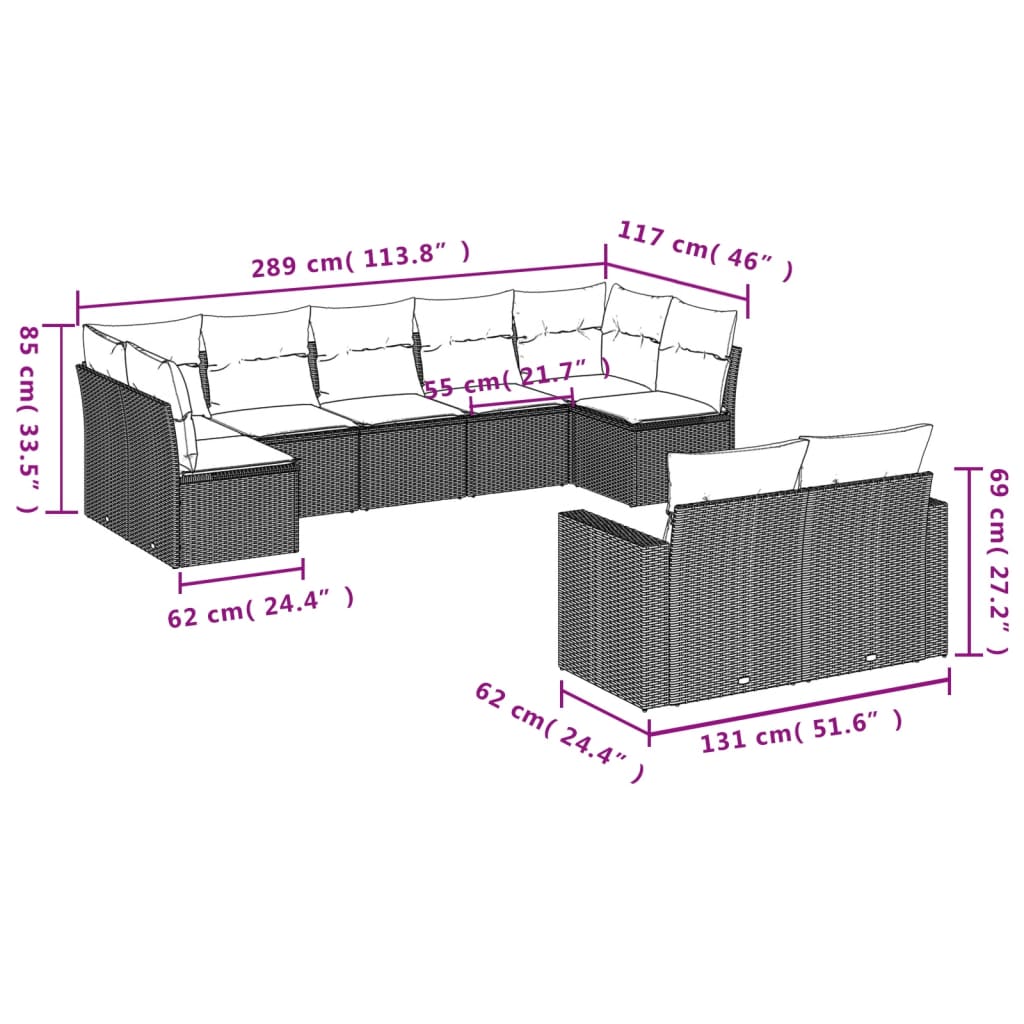 vidaXL 9-delige Loungeset met kussens poly rattan zwart