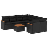 vidaXL 9-delige Loungeset met kussens poly rattan zwart